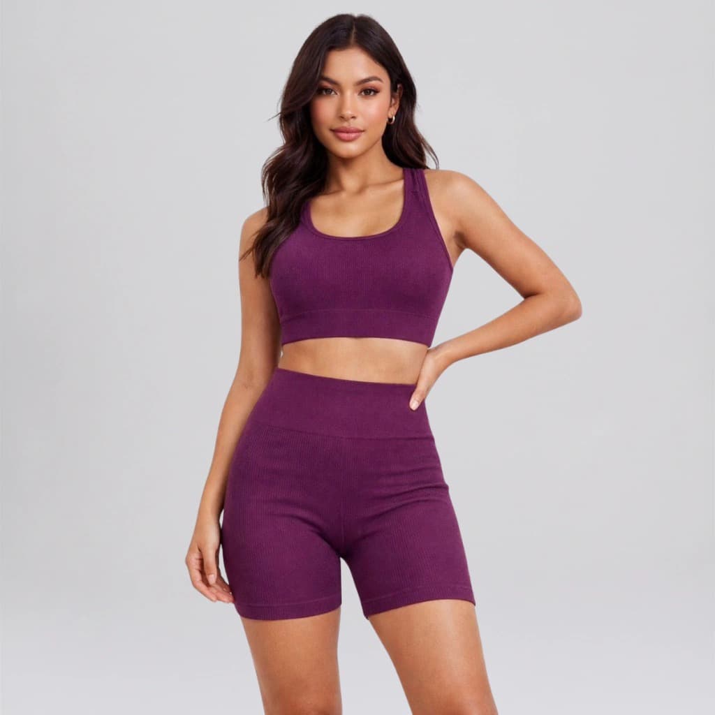 Conjunto Fitness Feminino Canelado Top + Shorts Cintura Alta Academia Treino Confortável