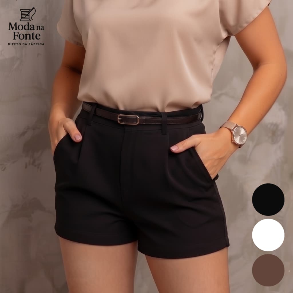 Shorts Alfaiataria Feminino Social com Cinto Cintura Alta com Bolso e Ziper Lateral