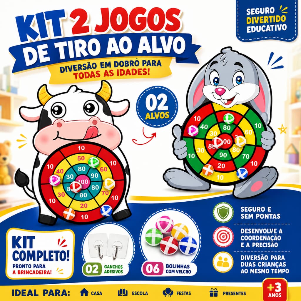 Kit Jogo de Dardos Infantil com Velcro 2 Alvos + 6 Bolinhas + 2 Ganchos | Brinquedo Educativo Infantil