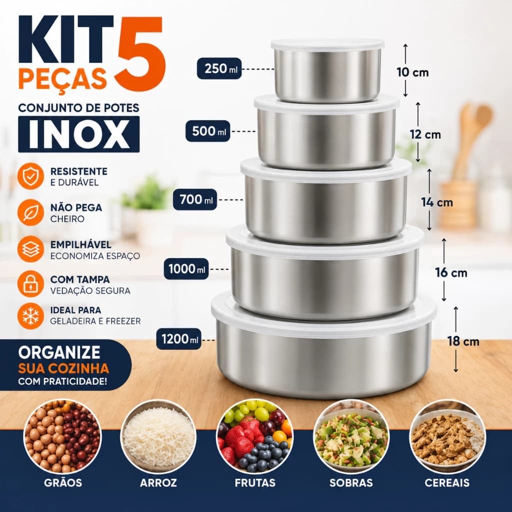 Kit 5 Potes Herméticos Redondos Com Tampa Inox Multiuso alimentos Cozinha