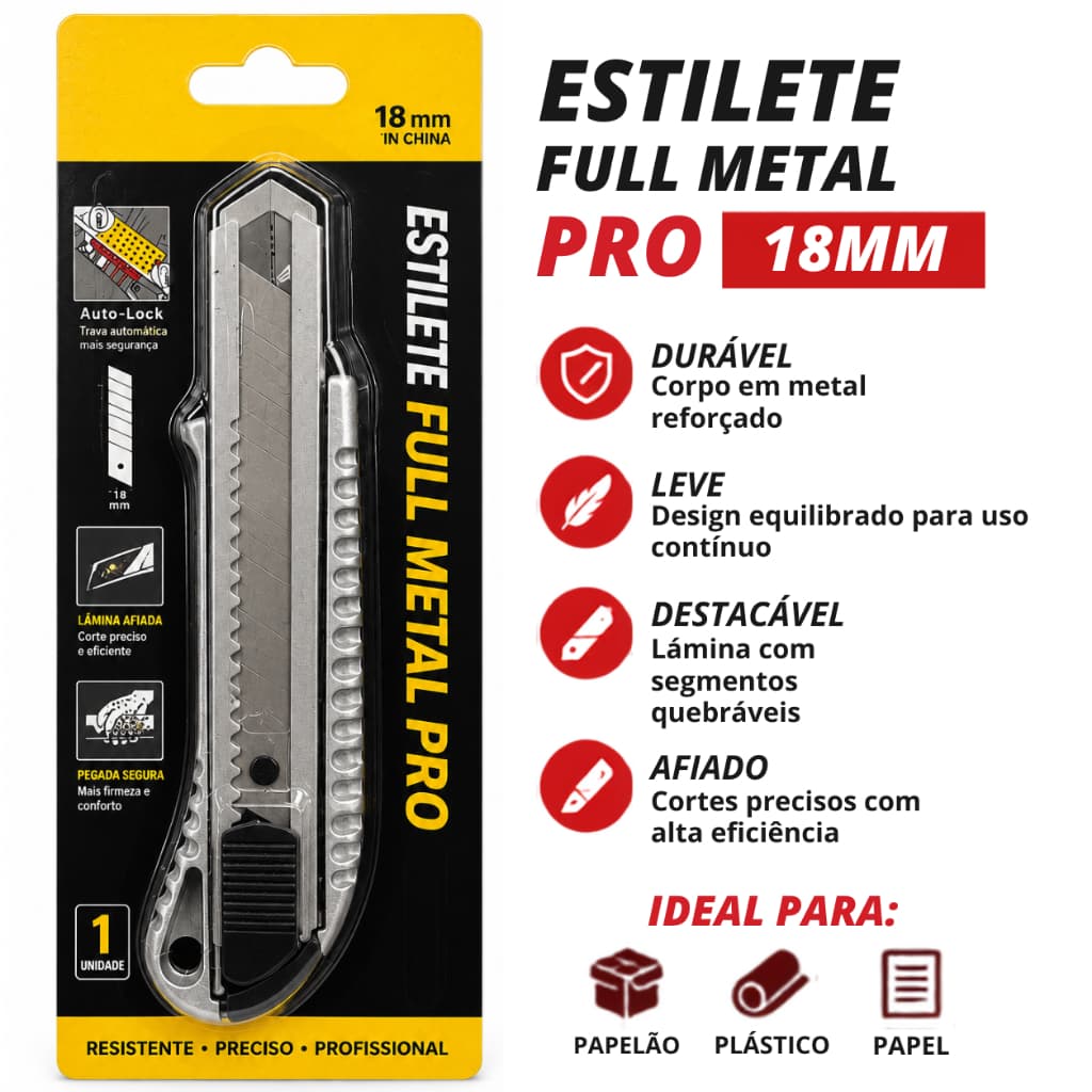 Estilete de Metal Profissional Robusto 18mm + 10 Lâminas (com ou sem) Escolha - Estilete Forte