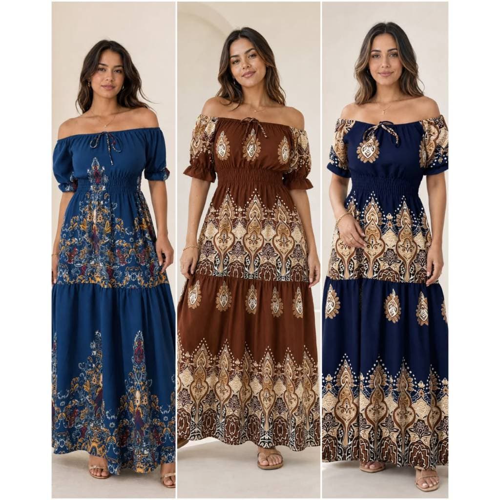 Vestido Longo Feminino Estampado Luxo Lastex na Cintura e Manga Tecido Premium Confortável Elegante
