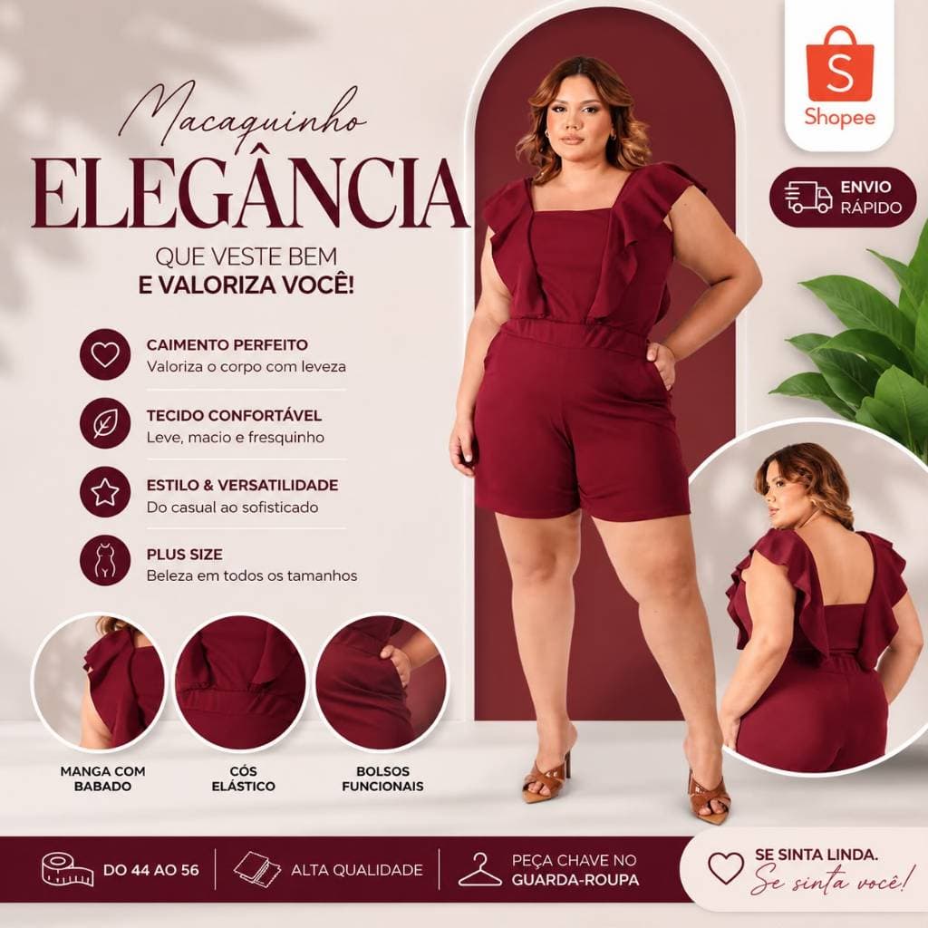 Macaquinho Plus Feminino Soltinho Com Babado Bolsos Confortável Casual Elegante