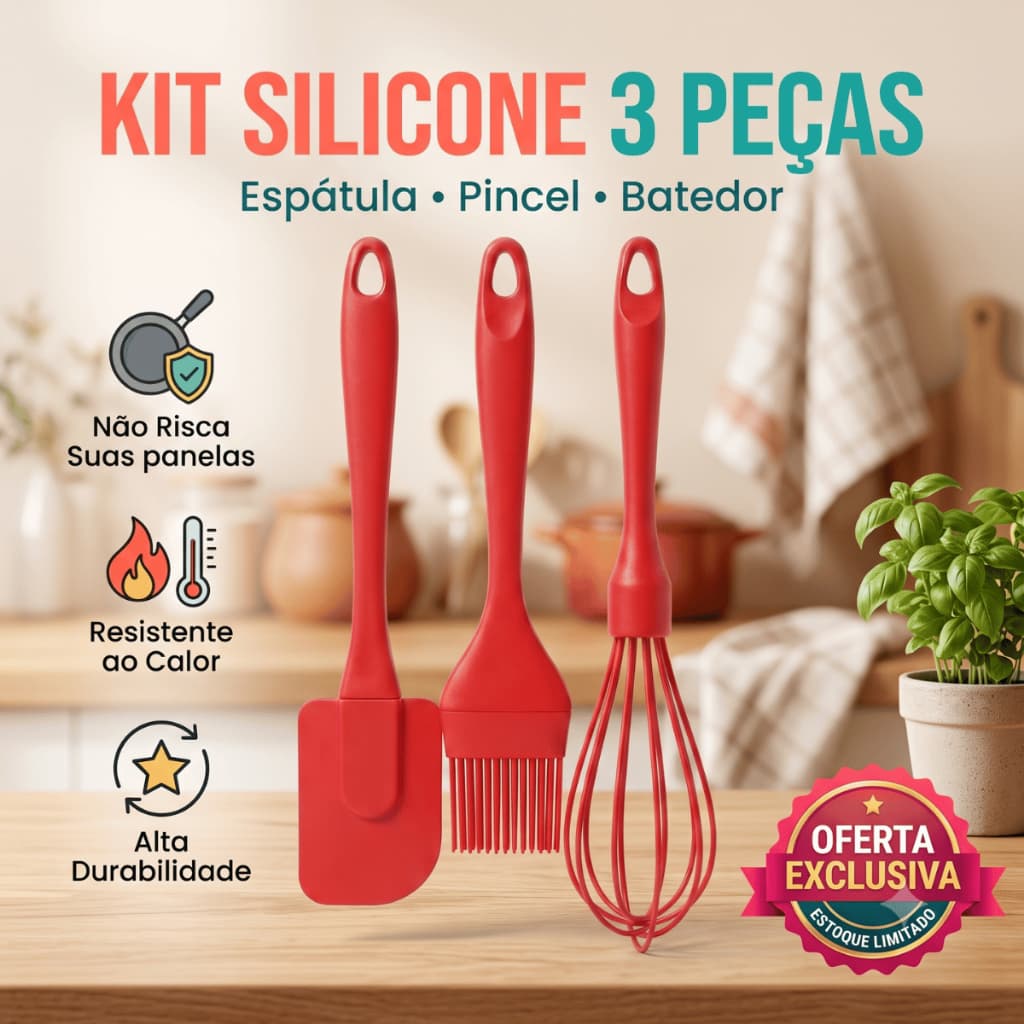 Kit 3 Peças Utensílios Para Cozinha em Silicone Macio Confeitaria Batedor Fouet Pincel Espátula