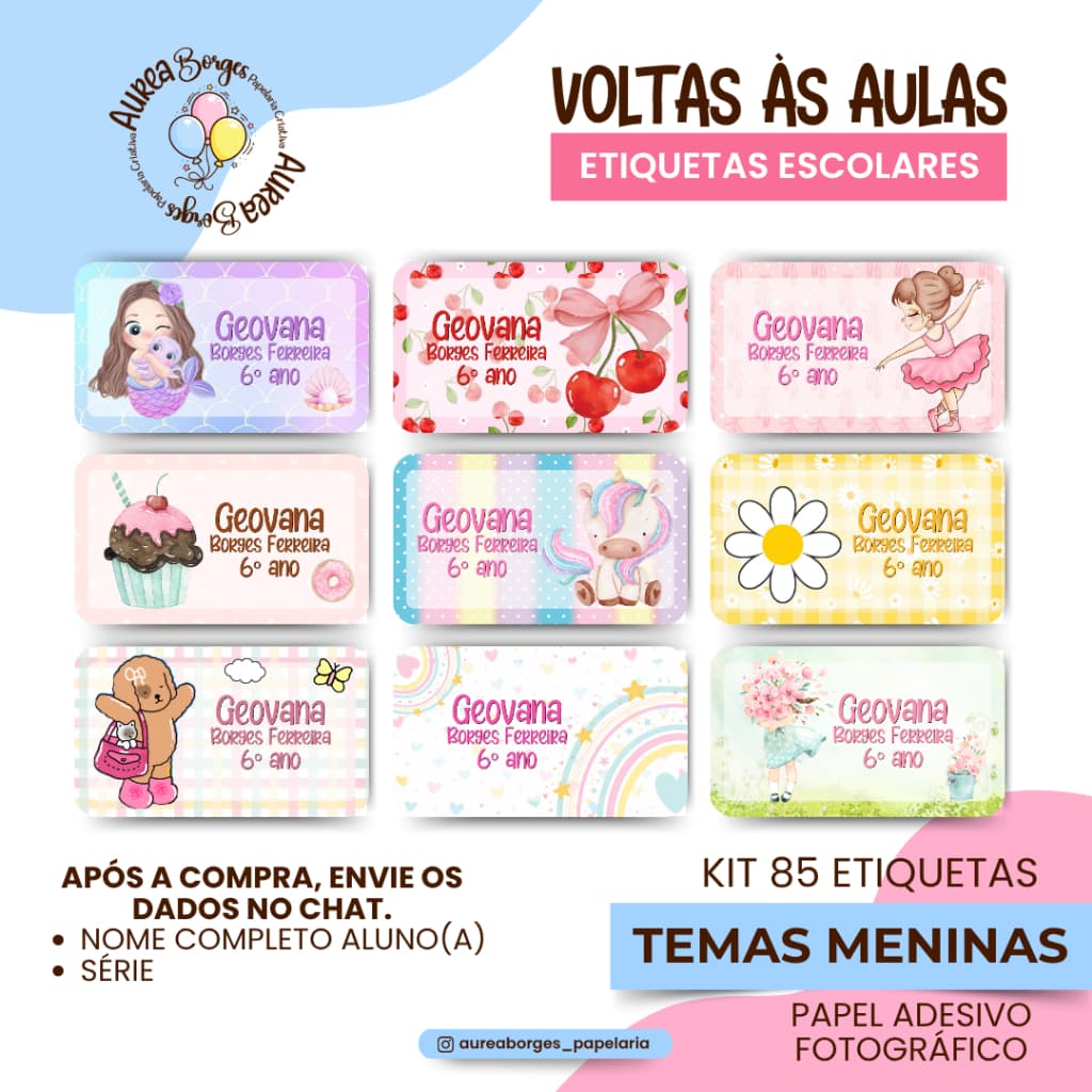 Kit 85 Etiquetas Escolares Personalizadas Tema Menina Adesivos Fotográfico Volta às Aulas Sereia