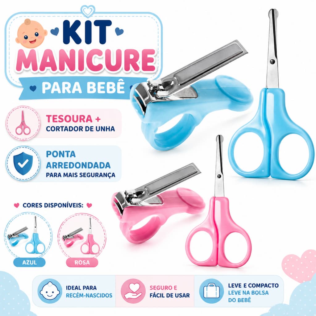 Kit Tesoura e Cortador de Unha para Bebê Baby Infantil Ponta Arredondada Seguro Recém-Nascido