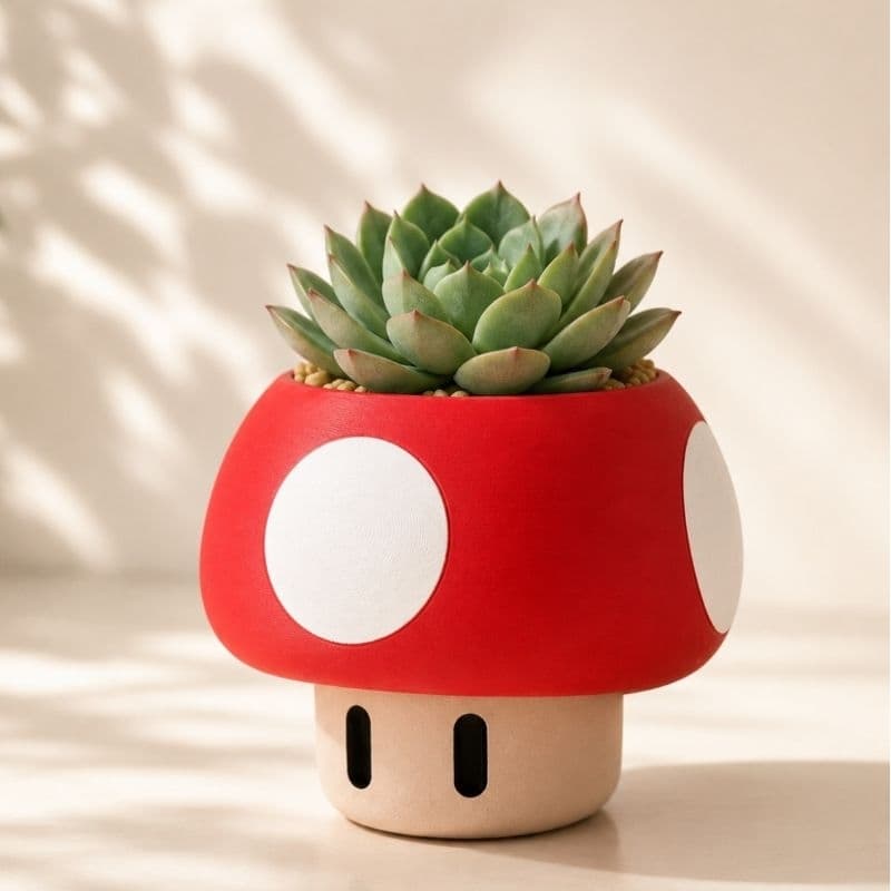 Vaso Decorativo Cogumelo Mario 12cm | Cachepô para Suculentas e Plantas | Decoração Geek em Impressão 3D