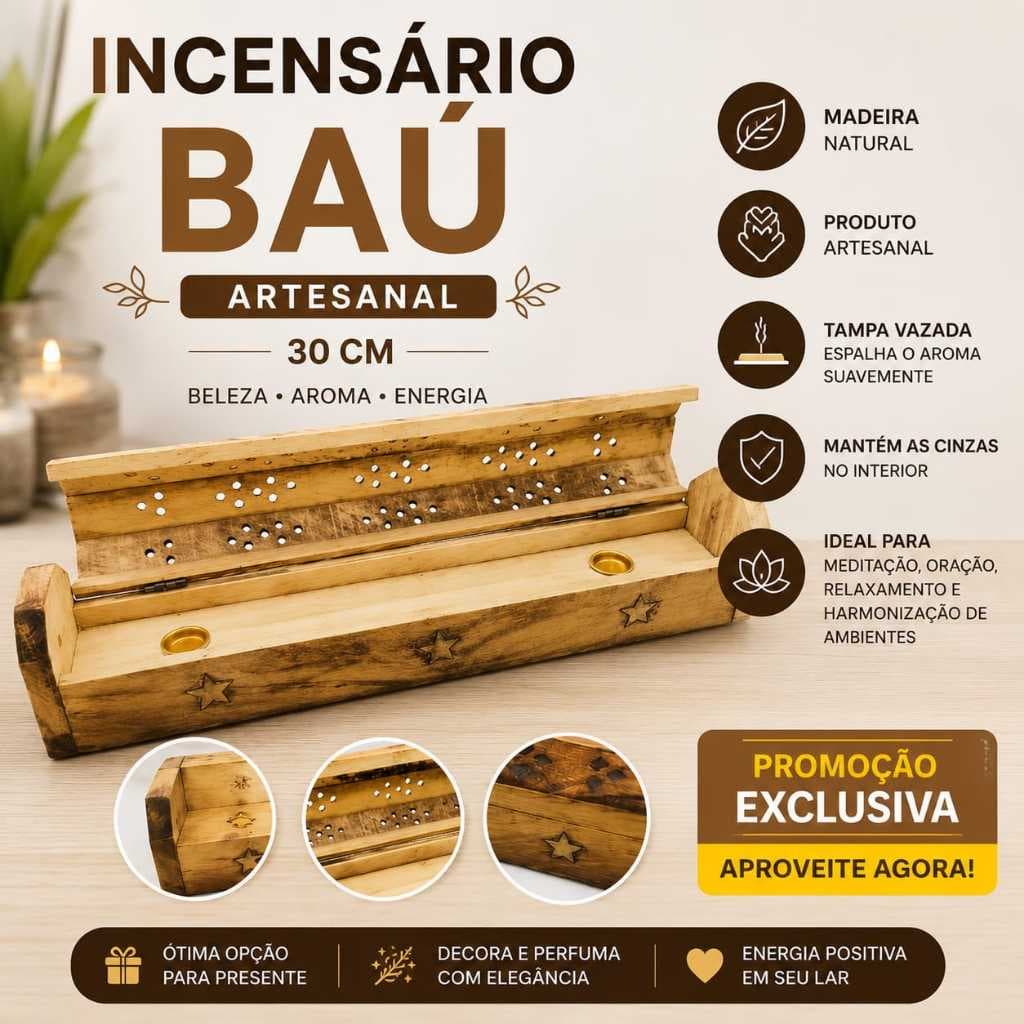 Incensário Baú de Madeira Artesanal 30 cm | Porta Incenso com Tampa | Artesanal