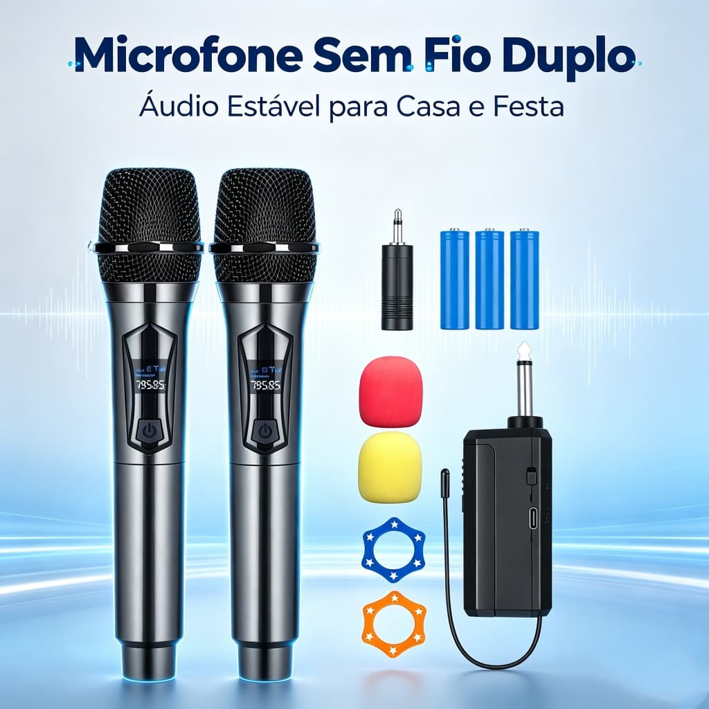 Microfone Sem Fio Duplo Profissional, Microfone de Mão Karaokê para Festa, Casa, Igrejas e Apresentações