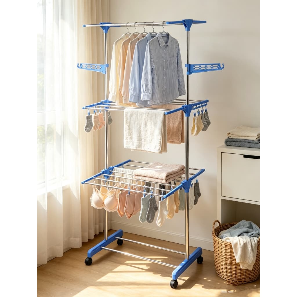 Varal De Chão Roupas Retrátil Dobrável 3 Andares 4 Rodas Aço Vertical Inox Grande De Pé