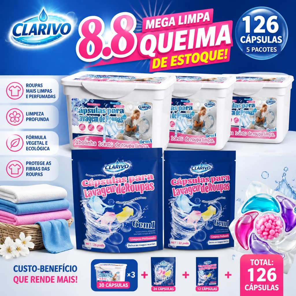 CLARIVO Kit Lava Roupas em Cápsulas 126 Cápsulas Praticidade para o Dia a Dia