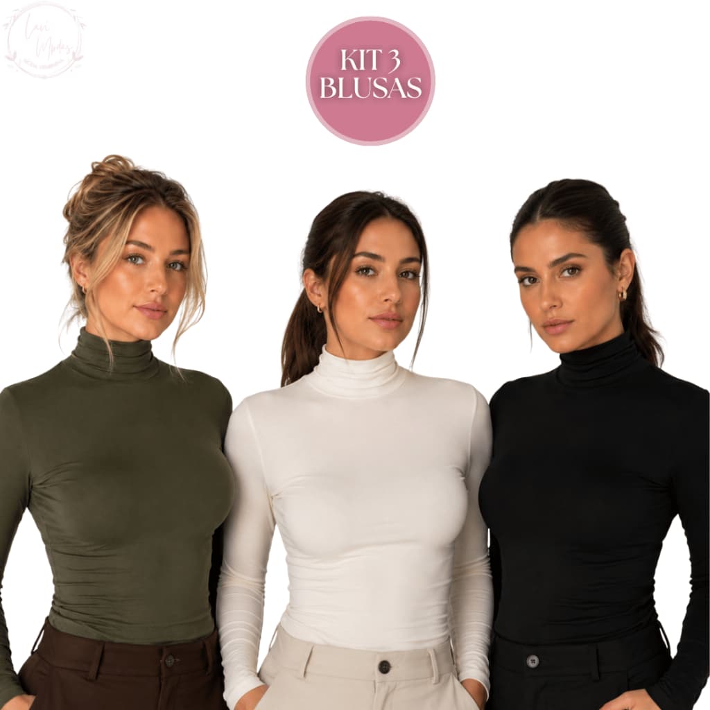 Kit 3 Blusa Cacharrel Feminina Gola Alta Manga Longa Inverno Segunda Pele
