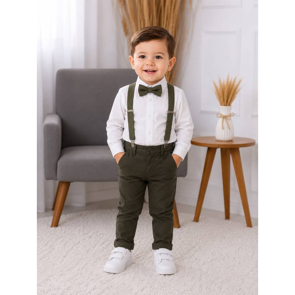 Calça Verde Musgo com Camisa Longa Branca e Kit Gravata e Suspensório Verde Musgo Infantil