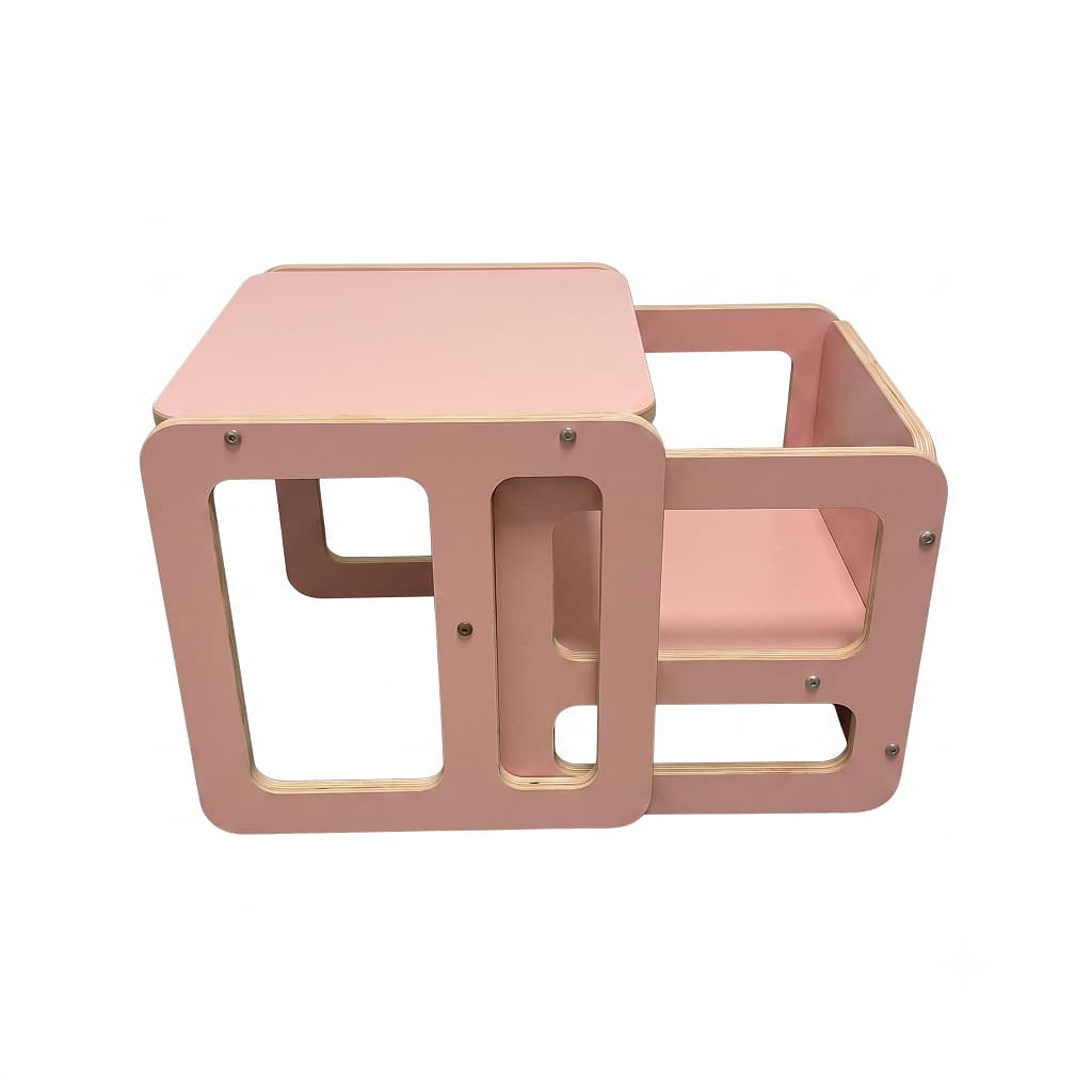 Mesa Cubo com cadeira escrivaninha Montessori Infantil Educativa Multifuncional Madeira Criança ROSA BRANCO COLORIDO