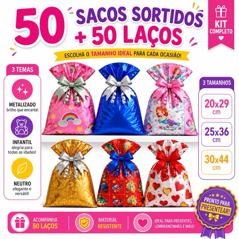 Kit 50 Sacos para Presente Sortidos com Laços Diversas Estampas | Escolha o tema e tamanho | Embalagem Festa Luxo