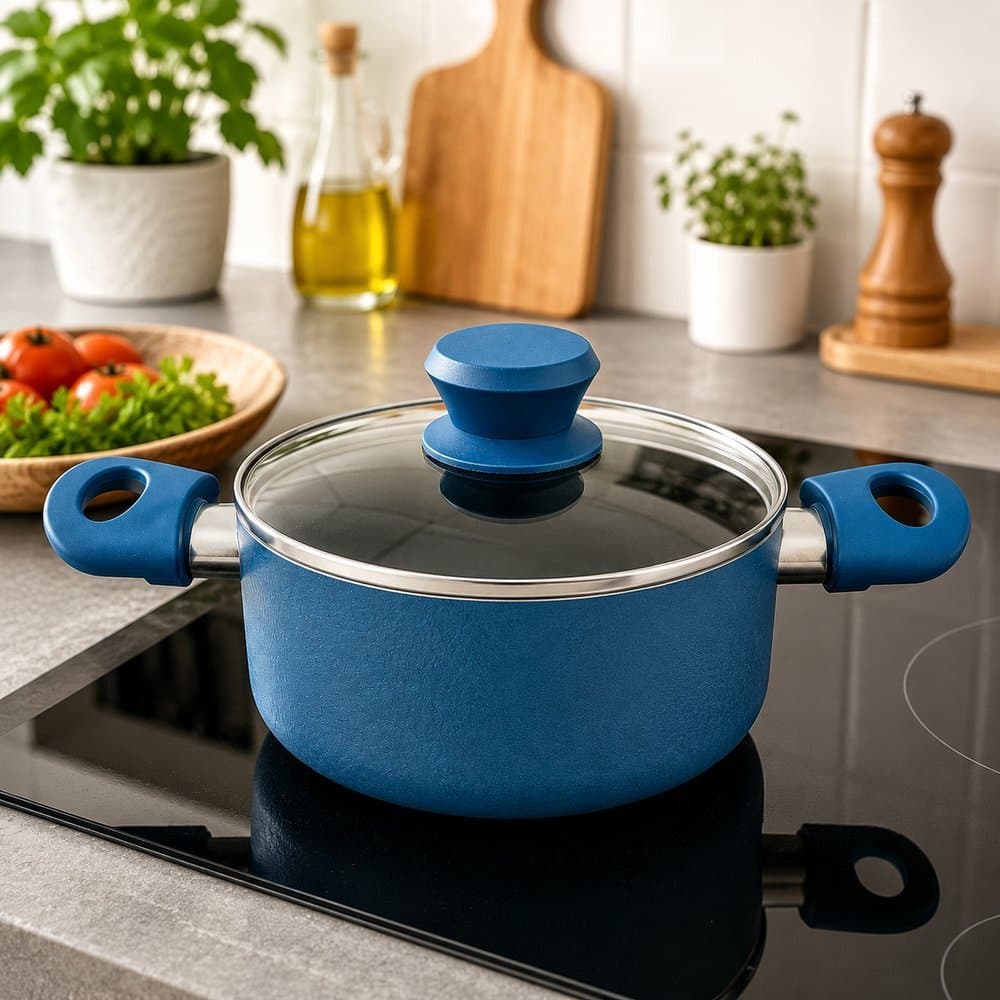 Panela Antiaderente Cerâmica Azul 18cm Com Tampa, Prática, Resistente E Ideal Para Preparar Suas Receitas Com Mais Facil