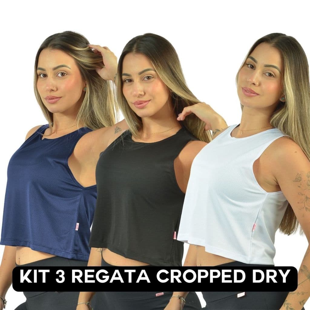 Kit 3 Regatas Cropped Dry Fit Academia Feminina Com Microfuros UV50+ Blusa Fitness Secagem Rápida