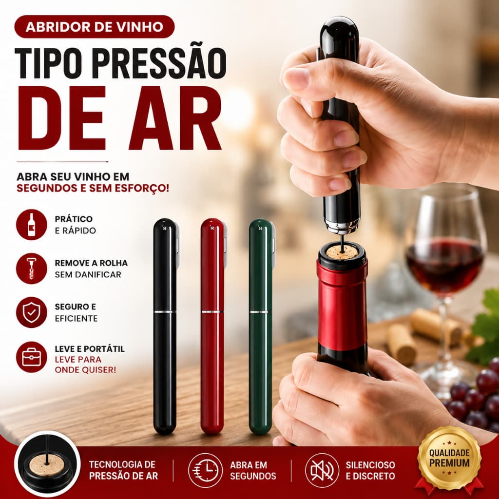 Abridor De Garrafa Vinho Saca Rolha Pressão de Ar com Cortador e Agulha de Aço Inox