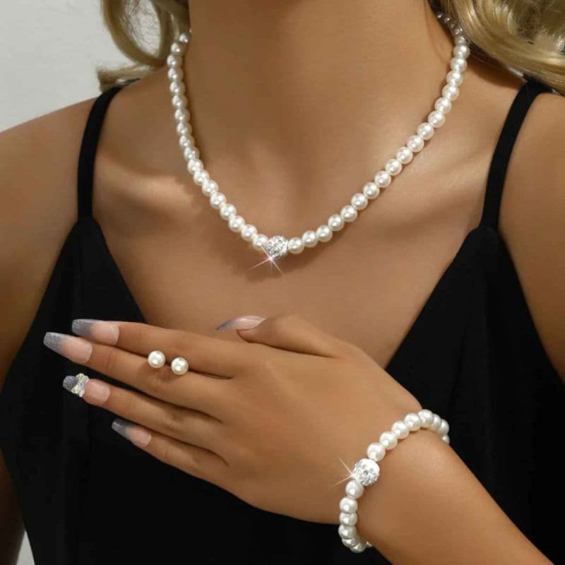 Conjunto Pérolas Colar Pulseira e Brincos Luxo Feminino Elegante Clássico