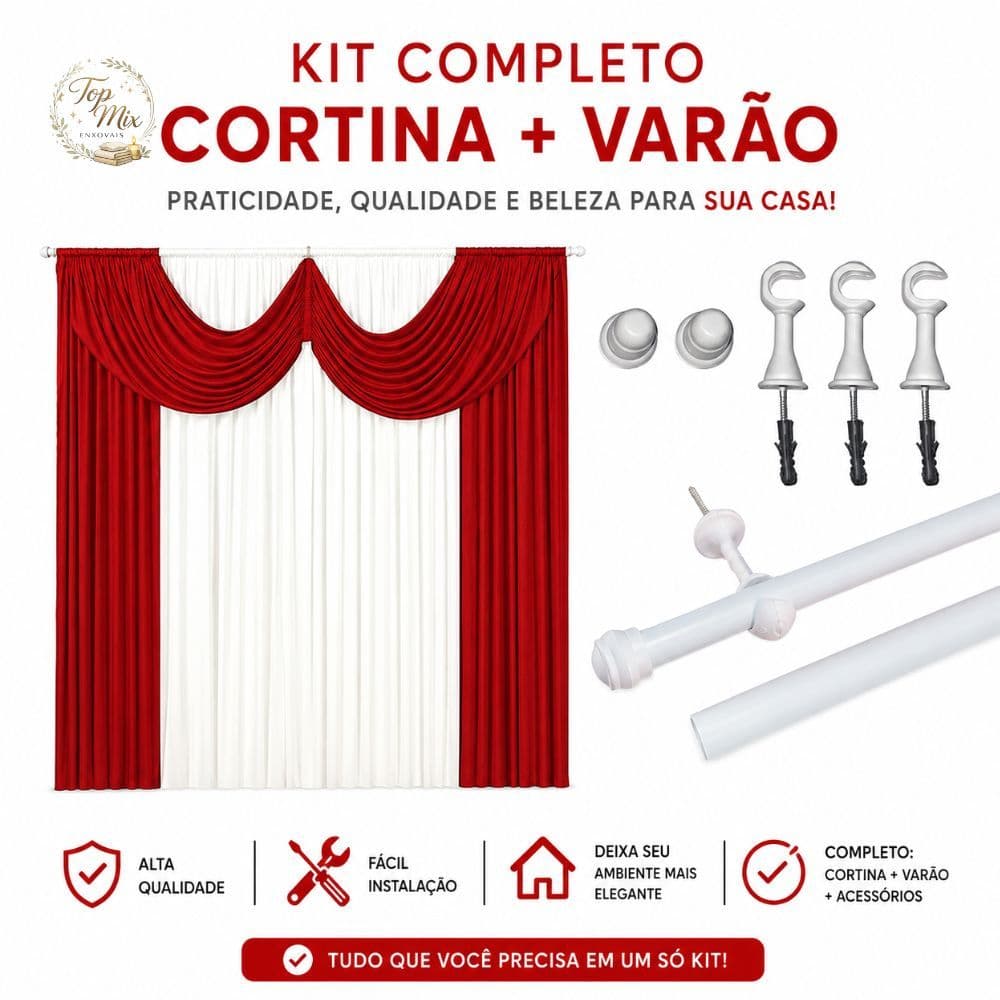 Kit Cortina Com Varão Completo Sala Quarto Janela Branco Pronto Para Instalar Alta Qualidade Luxo