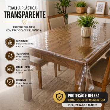 Toalha de Mesa - Plástico Transparente Fina e Grossa com 2, 4, 6, 8 e 10 Lugares Cristal Impermeável