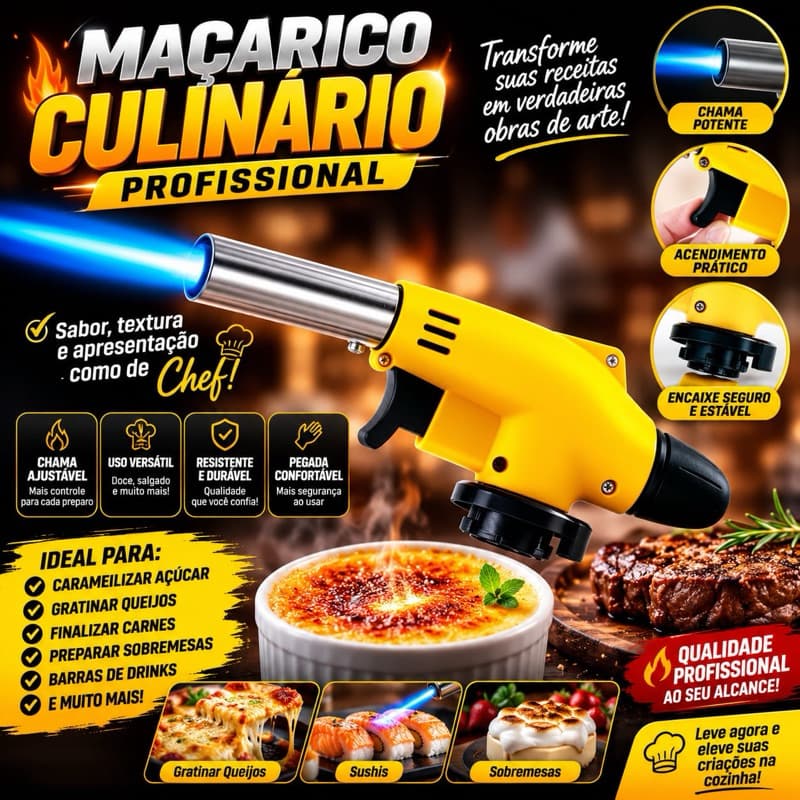 Maçarico Culinário Profissional Goumert Flambagem para Alimentos e Doces na sua Cozinha