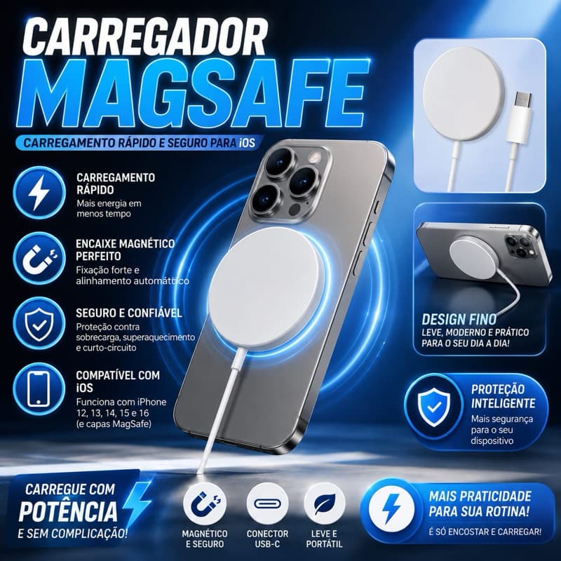 Carregador Magnético Iphone por Indução MagSafe para iphone IOS 12 ao 16 – Carregamento Rápido e Pratico
