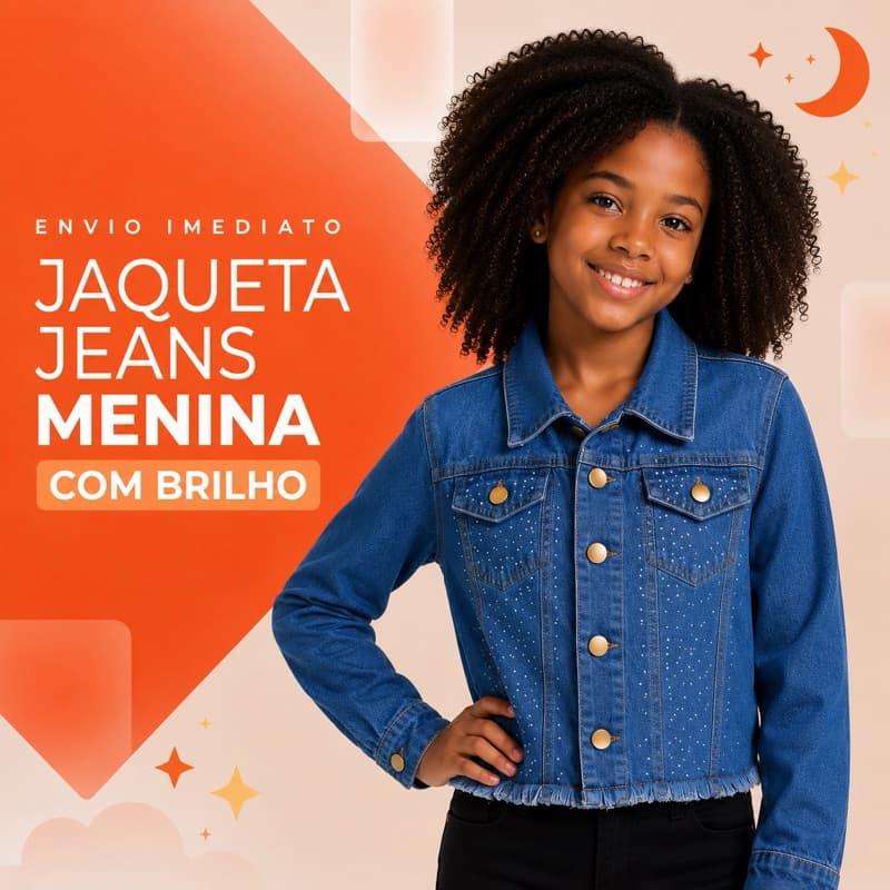 Jaqueta feminina jeans com detalhes em brilho infantil e juvenil