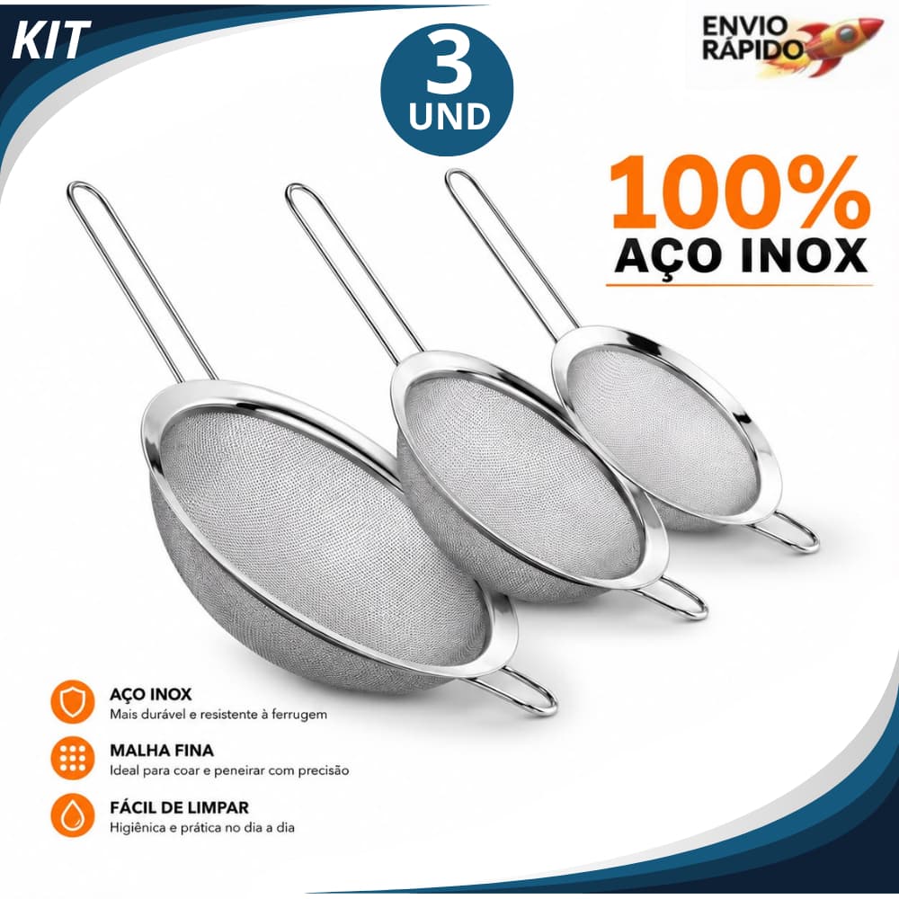 Peneiras de aço Inox Reforçadas Kit 3 Unidades – Cozinha e Confeitaria