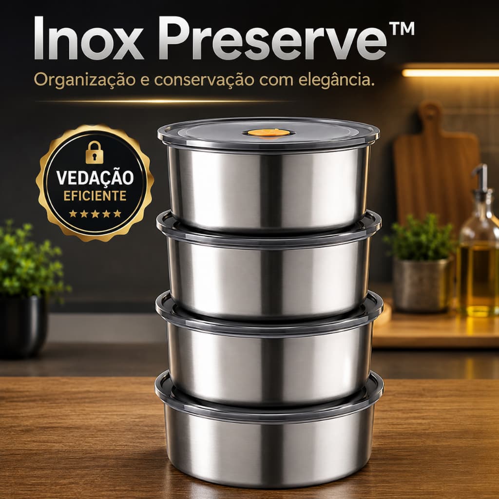 Conjunto 4 Potes Hermeticos Redondos Inox 450ml Tampa Vedacao Resistente Armazenamento
