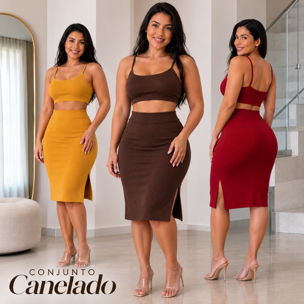 Conjunto Feminino Canelado Cropped Alça Saia Midi Tubinho Cintura Alta