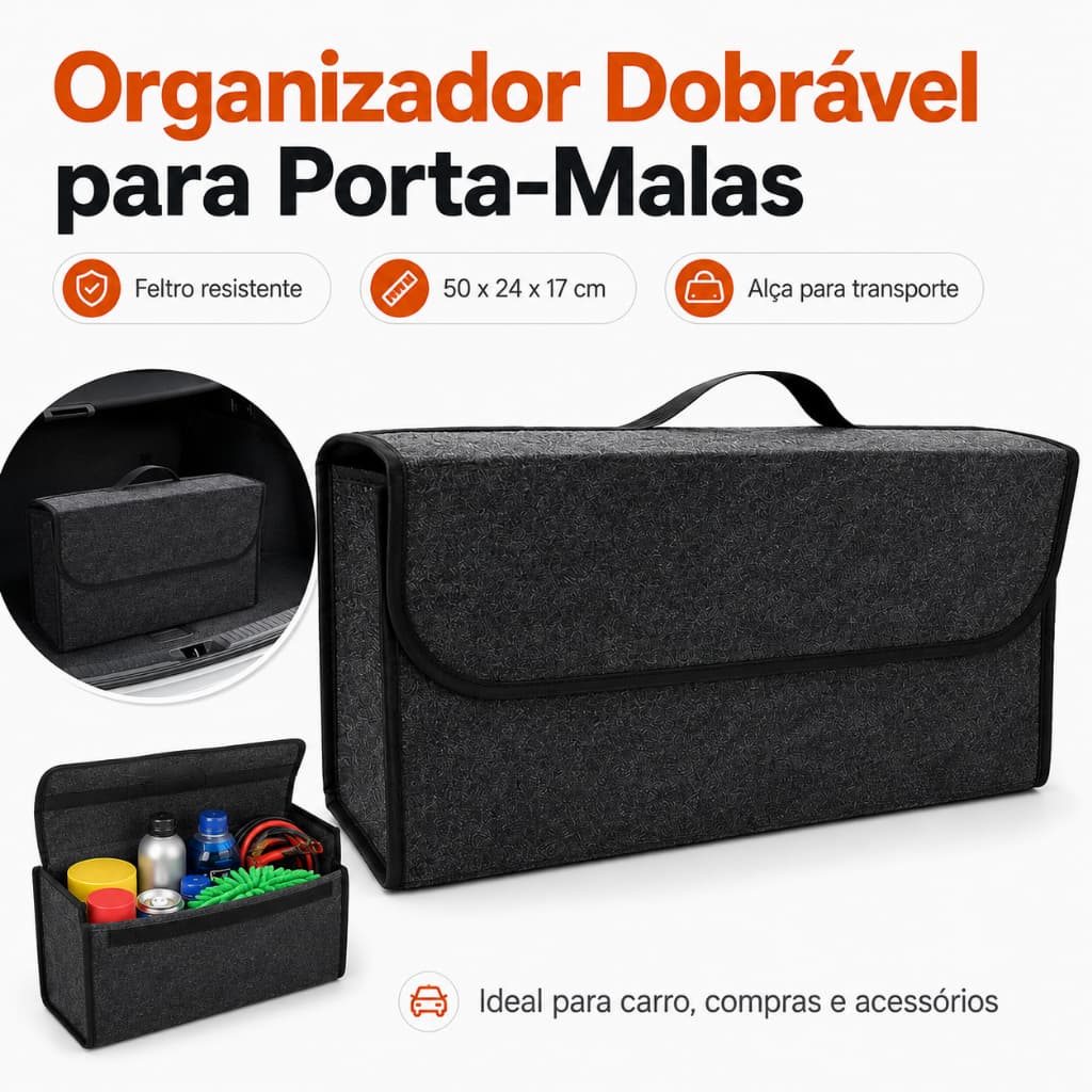 Organizador de Porta-Malas Dobrável em Feltro 50x24x17cm com Tampa e Alça para Carro