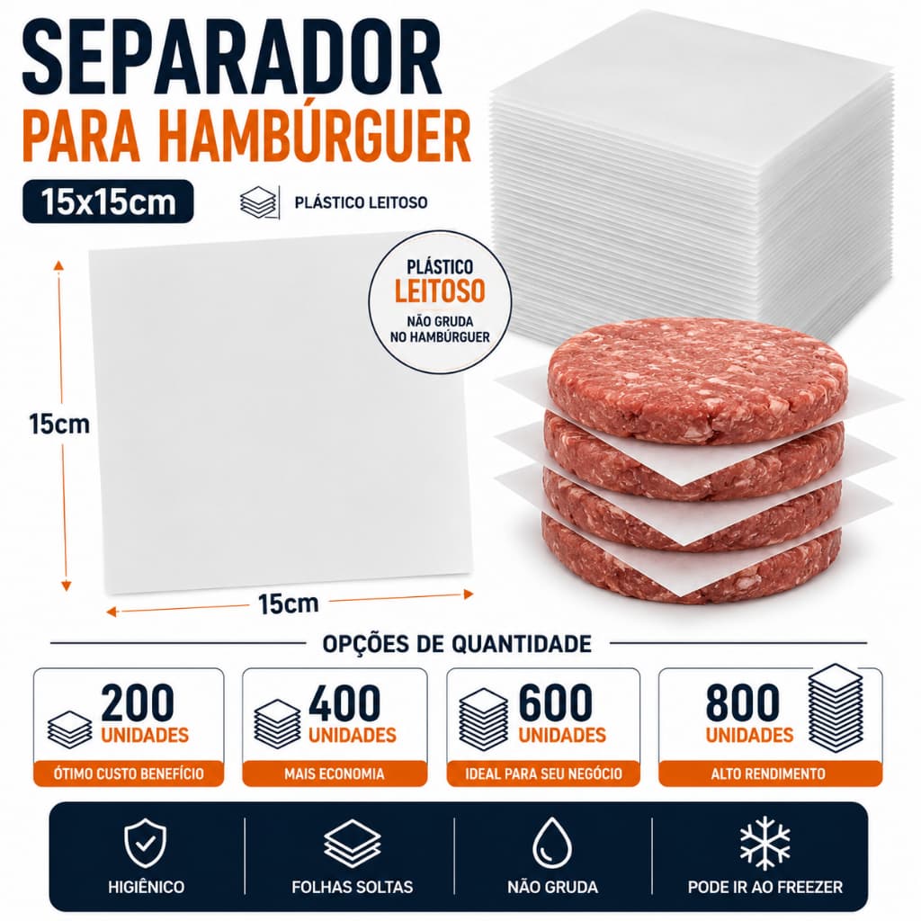 Separador de Hambúrguer 15x15cm Plástico Leitoso para Congelamento