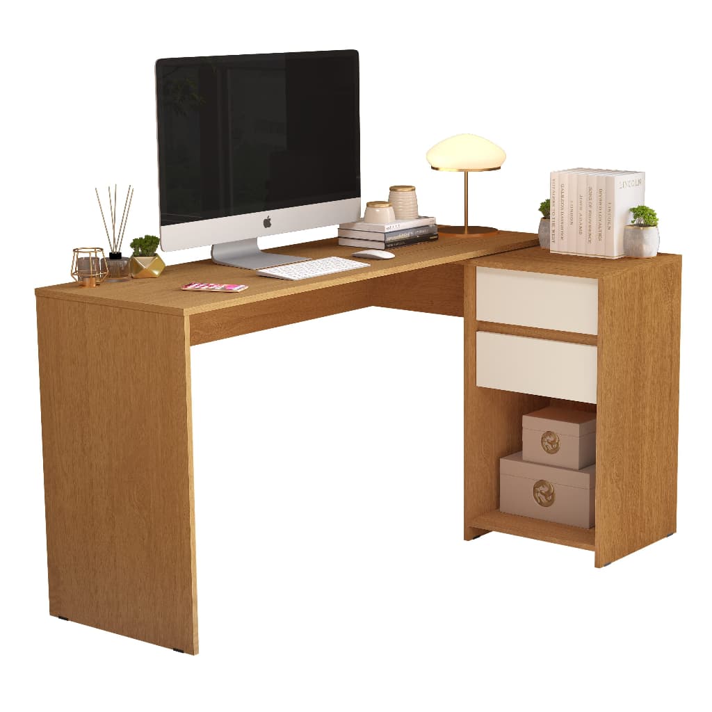 Mesa Computador Pratika Escrivaninha em L com 2 Gavetas e Nicho Organizador
