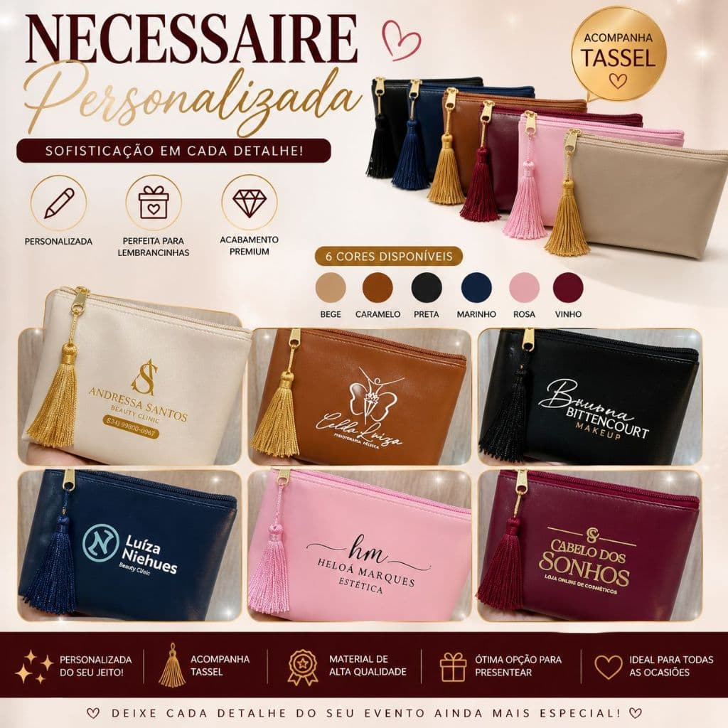 Necessaire Personalizada Kit com 60,70,80,90,100unid(várias cores)com inicial para casamento,madrinhas,noiva,aniversário