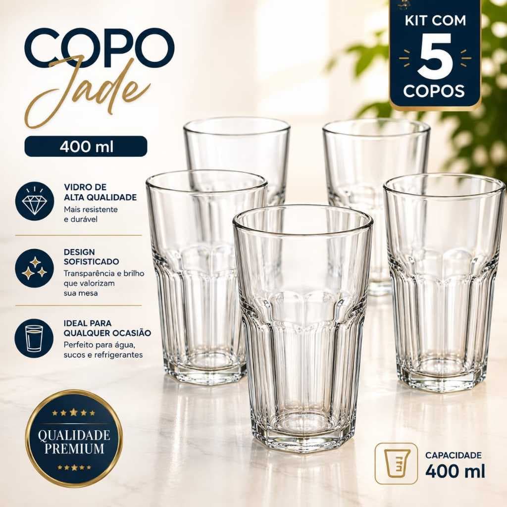 Jogo Cozinha Kit Com 5 Copos Modernos De Vidro Grosso Resistente 400 Ml Copos De Vidro