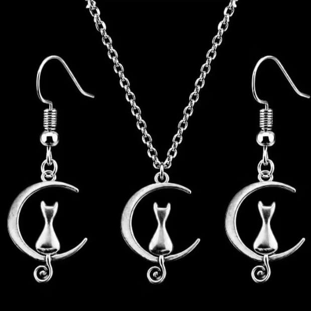 Conjunto Colar e Brincos Gato na Lua Luxo Feminino Elegante