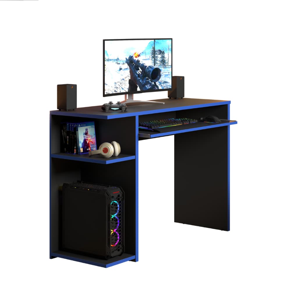 Escrivaninha Mesa para Computador Azul com Prateleiras e Suporte para Teclado Home Office