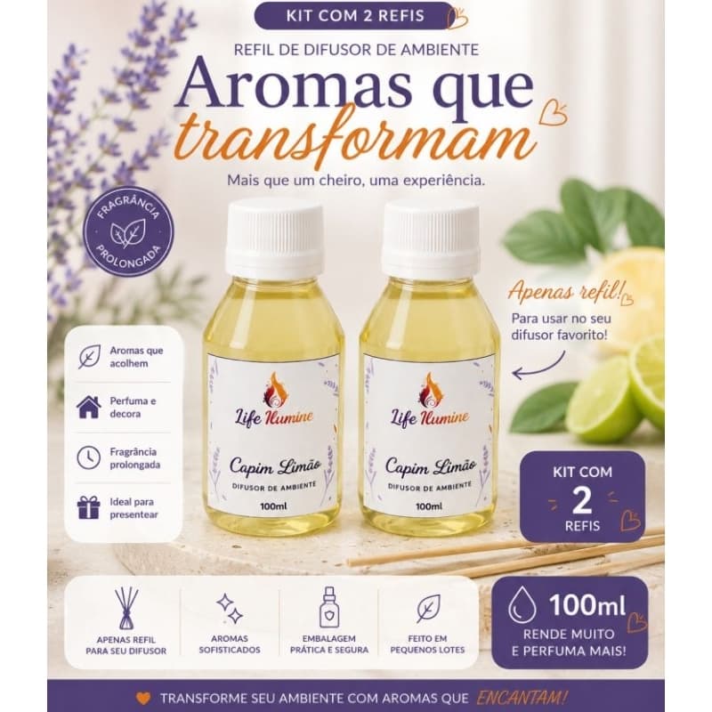Kit 2 Refil para Difusor de Ambiente 100ml Reposição Aromatizador de Ambientes