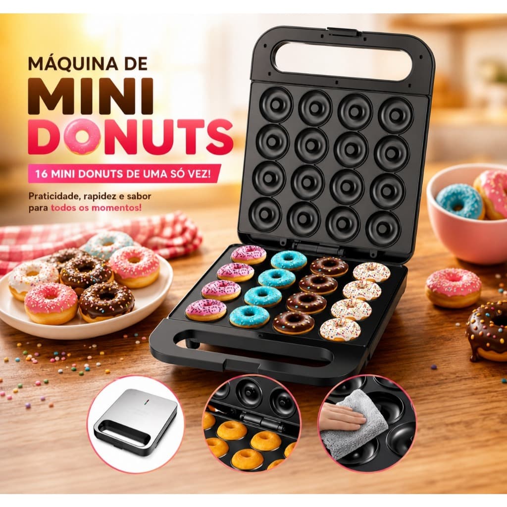 Máquina Elétrica Mini Donuts 16 Cavidades/Furos 1400w 127v Profundidade 1,5cm Diâmetro 5,0cm