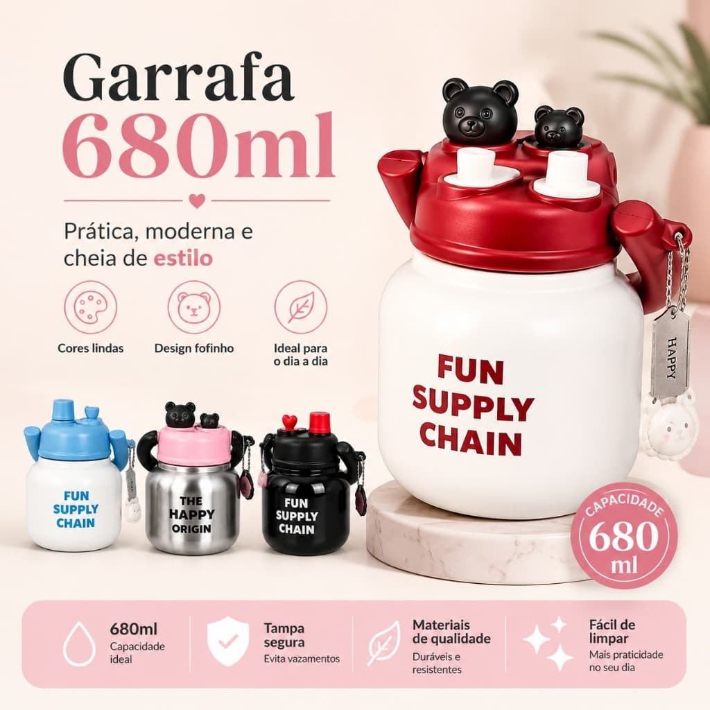 Garrafa de Água 680ml com Canudo Alça e Design de Ursinho