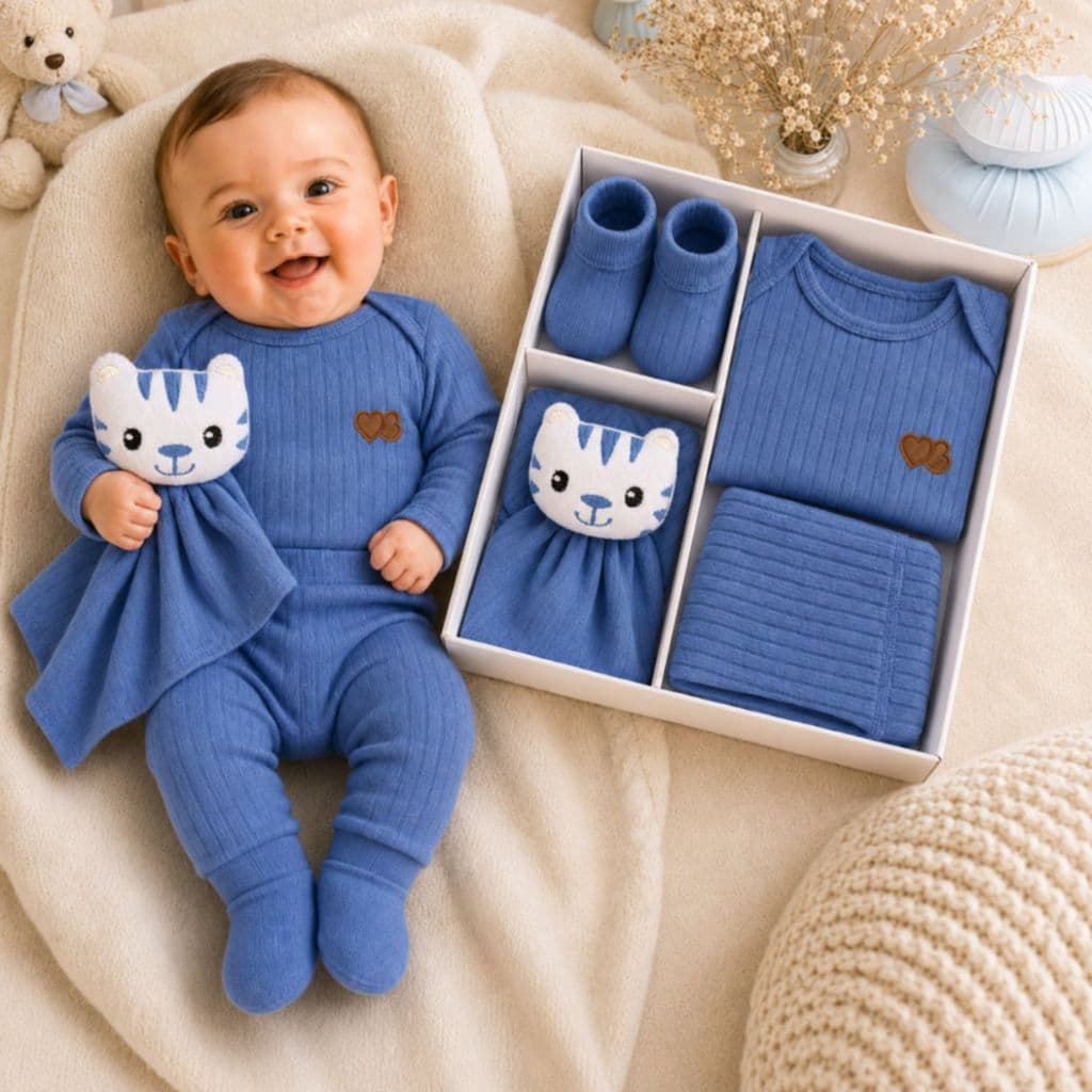 Presente Bebê Body Calça Mijão Canelado Naninha Gatinho Meia Sapatinho Algodão Enxoval Premium Azul