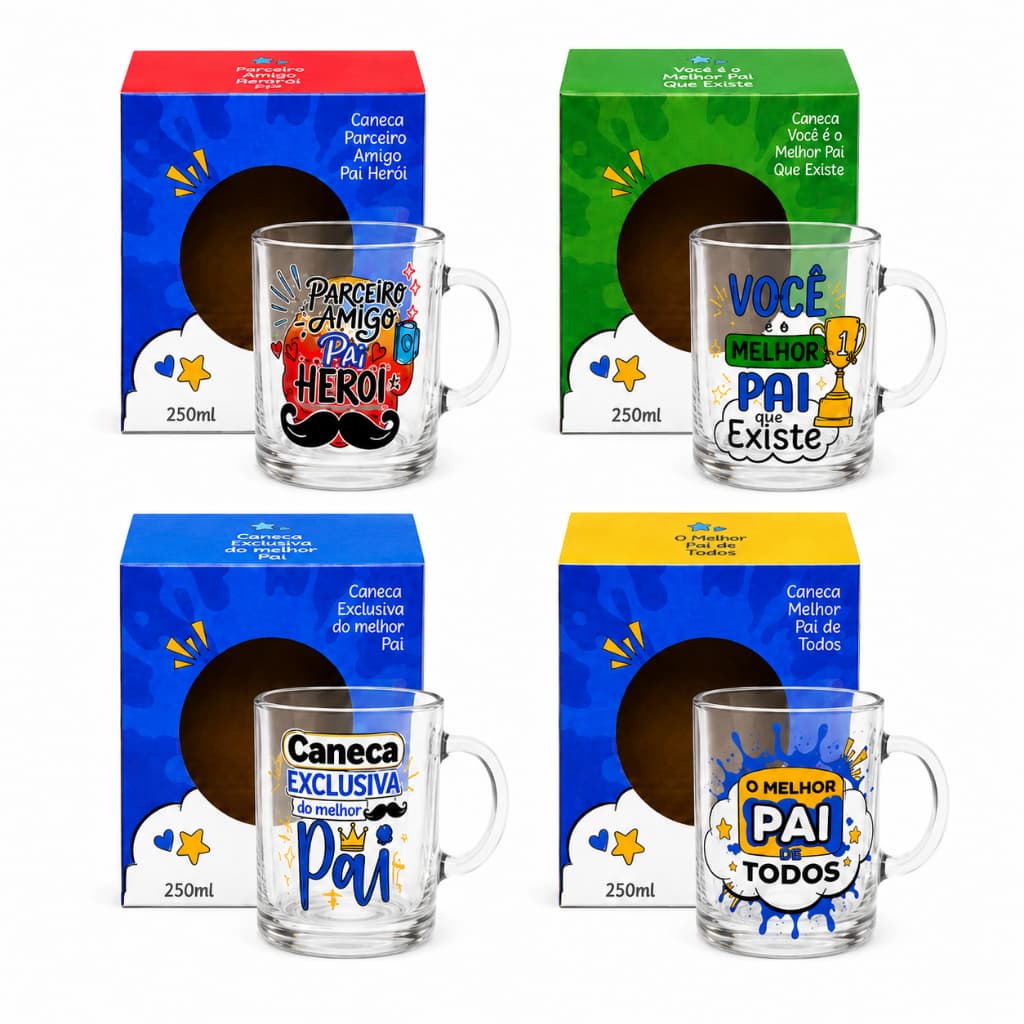 KIT 5 CANECAS 250ml VIDRO ATACADO REVENDA