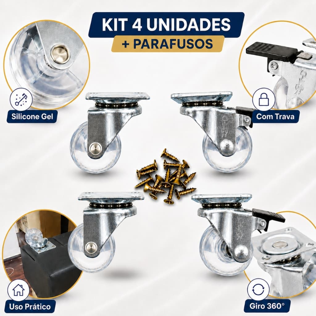 Kit 4 Rodizio Giratório 35mm Silicone em Gel Rodinha Com Trava Kit Com Freio + Parafusos