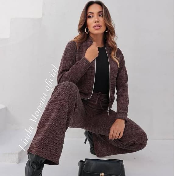 Conjunto Femenino Lanzinha Ribi canelada 2 Peças Blusa com ziper e Pantalona plus size conjunto frio