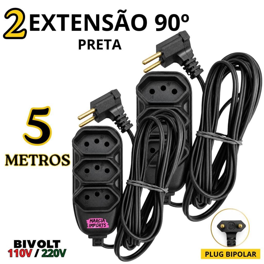 Conjunto Extensão Elétrica Plug 90º Preta 3 Tomadas 5 Metros Plug Bipolar Bivolt (127V/220V) 10 A