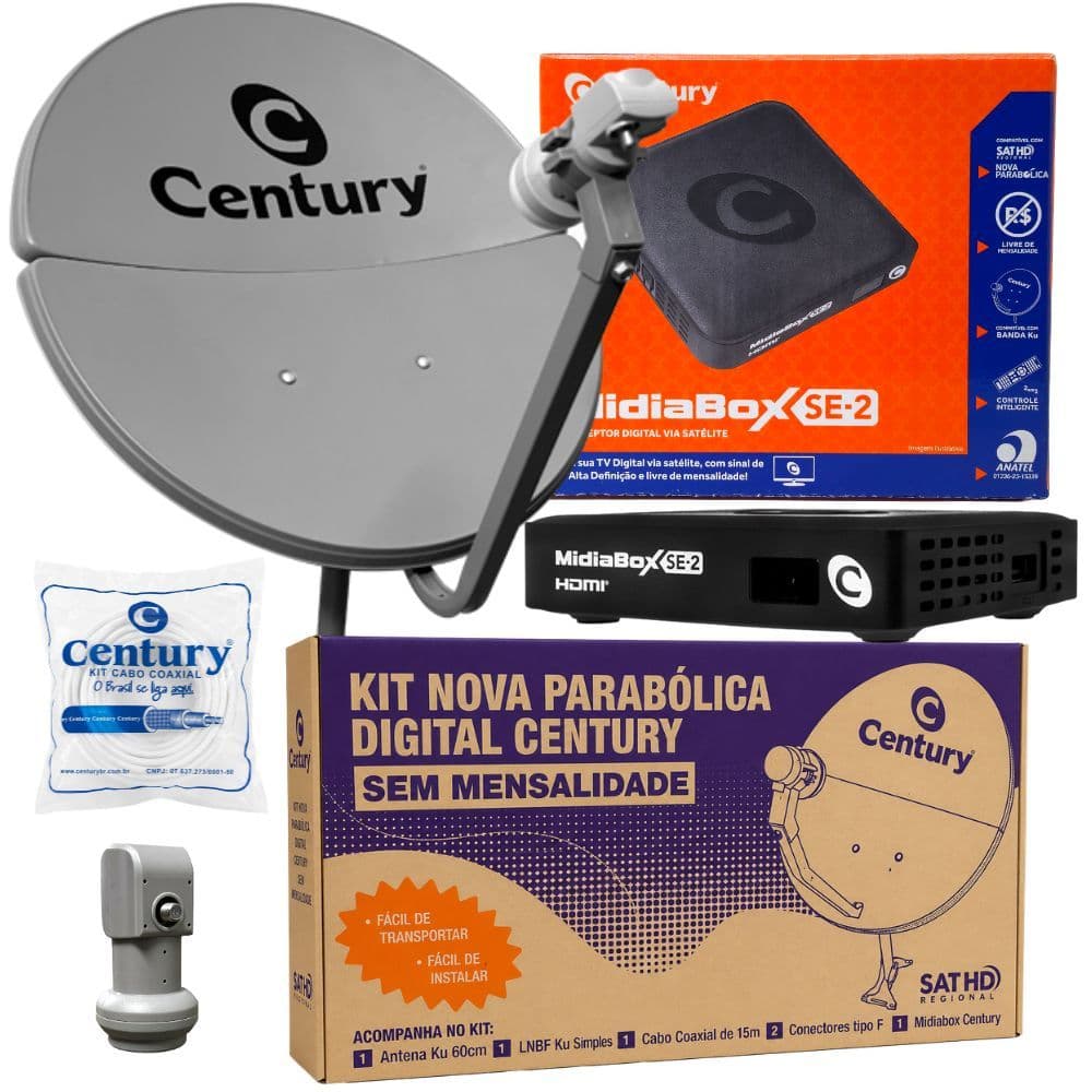 Kit Antena Parabólica Century 60cm Banda KU Com Midiabox SE2 LNBF Simples