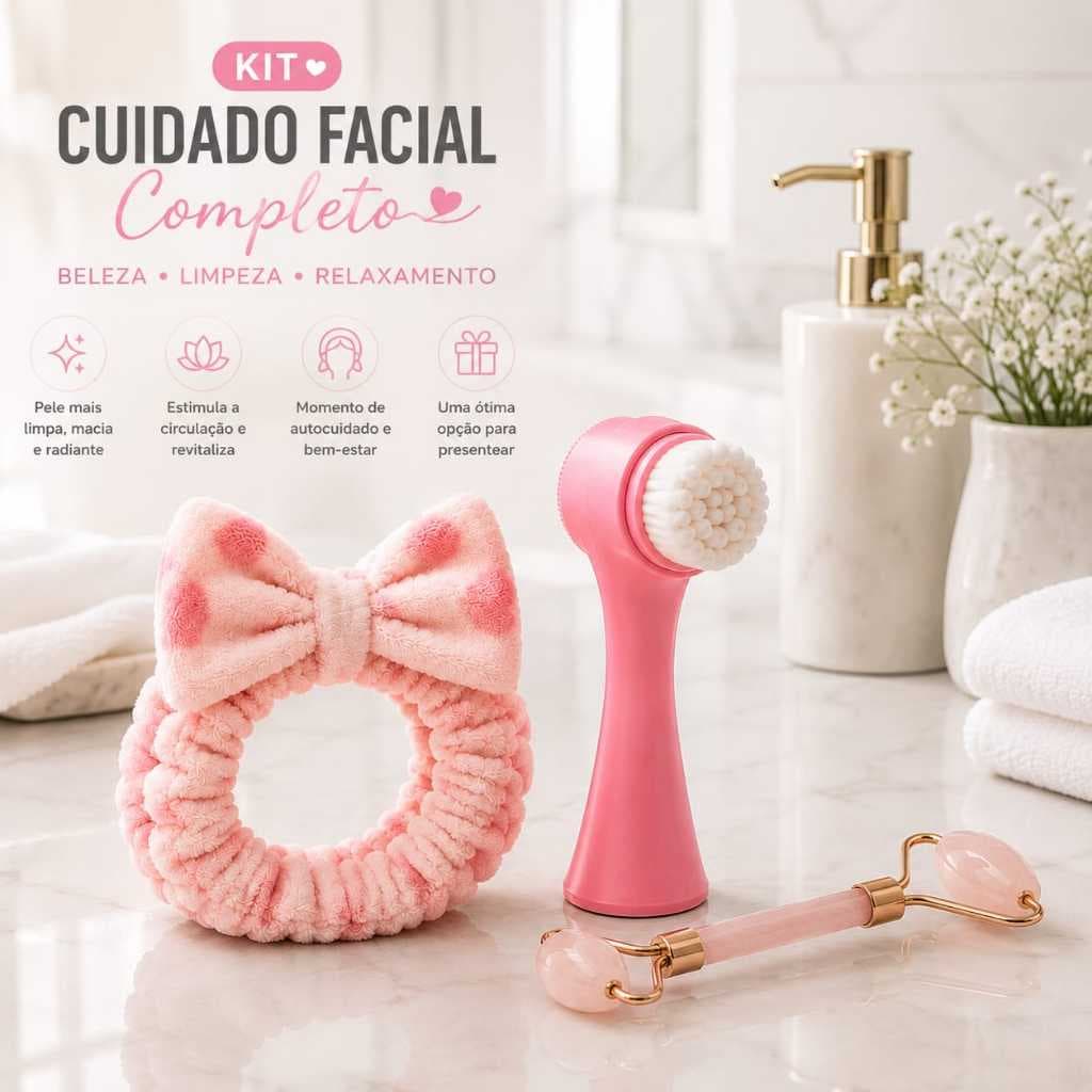 kit Skin Care Facial Completo - Escova de Limpeza Facial Rolo Massageador e Faixa de Cabelo