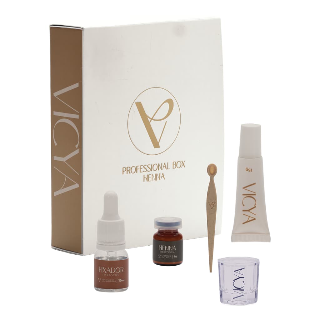 Kit Henna de Sobrancelhas Vicya Vegano Castanho Escuro - Fixador + Hidrafix + Henna + Dappen + Espátula