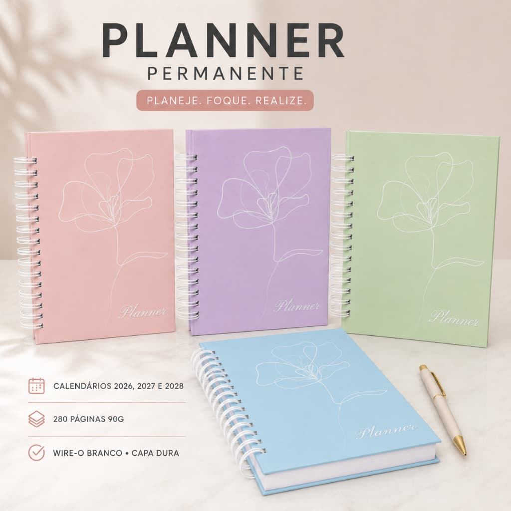 Planner Permanente Minimalista Flor A5 280 Páginas 90g Capa Dura Wire-o Calendários 2026 2027 e 2028